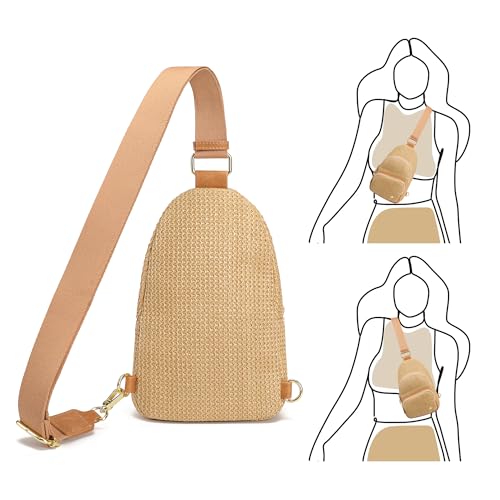 Faux Straw Crossbody Bags for Women Small RFID Summer Sling Bag (Pure Khaki)