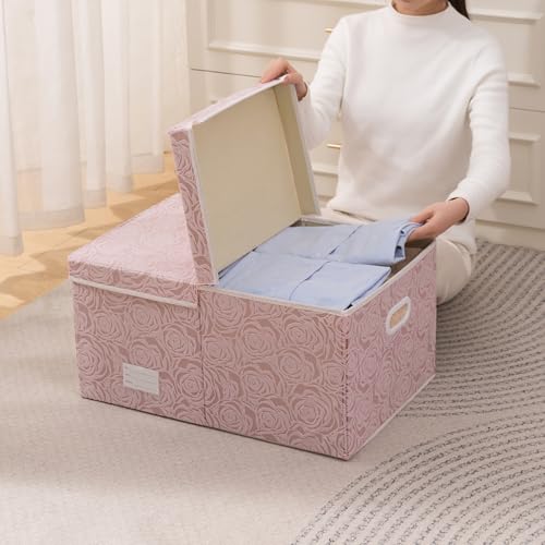 Jumbo Collapsible Storage Boxes with Lids Fabric Decorative Storage Bins Cubes Organizer Baskets with Cover Handles Divider for Bedroom Closet Living Room 23.2x15.7x11.8 Inch 3 Pack (Pink / XX Large(3-Pack))