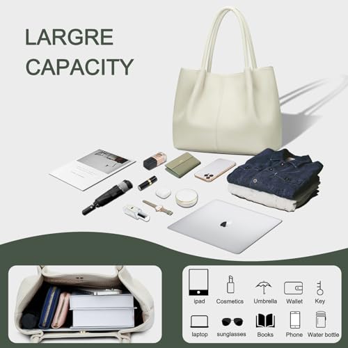 Tote Bag for Women Vegan Leather Shoulder Purse Trendy Travel Bag (Cream White)