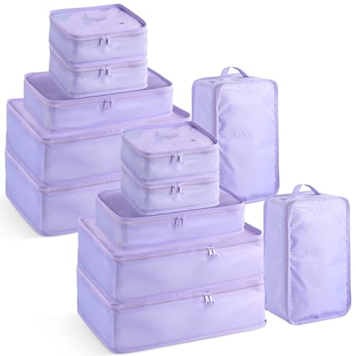 2 Packs Travel Packing Cubes 10 Pcs with Shoe Bags Purple (Purple)