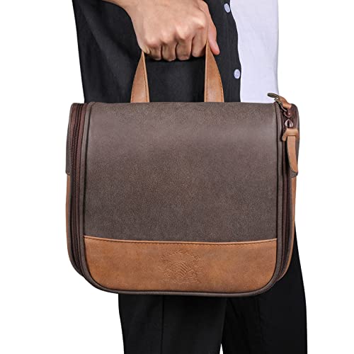 Hanging Toiletry Bag for Men VANCASE Vintage Leather Shaving Dopp Kit Medium Waterproof Travel Bathroom Bags Portable Shower Organizer Brown Pattern (Brown Pattern)
