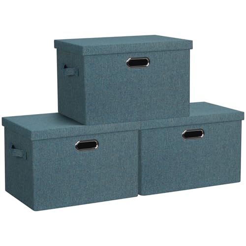 Storage Bins with Lids Fabric Closet Organizers Cubes Office Organization (Blue-Green / Large -3 Pack)