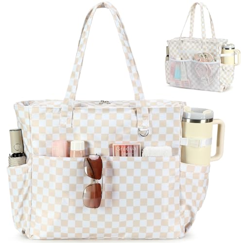 Waterproof Beach Tote Pool Bags for Women Ladies Extra Large Carry On Bag With Wet Compartment for Weekender Travel (Light Brown Checkered)