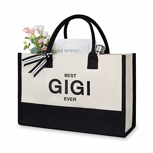 Embroidery Canvas Tote Bag for Women (Black & White / Best Gigi Ever)