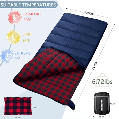 0 Degree Sleeping Bag Cotton Flannel Winter Cold Weather for Adults XXL Sleeping Bag 4 Season Big and Tall with Pillow Compression Sack (NAVY)