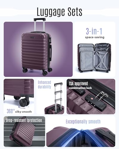 Luggage Sets 3 Pcs Suitcase with Wheels (Purple / 3-Piece Set-20 Inch/24 Inch/28 Inch)