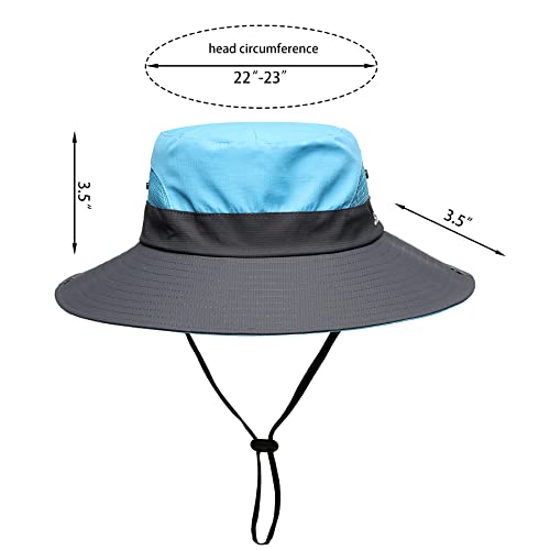Womens Summer Sun Hat Beach Hat Wide Brim Outdoor UV Protection Hat Foldable Cool Mesh Ponytail Bucket Hat (6-7 / Sky Blue-gray)