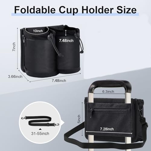 Luggage Cup Holder for Suitcases Free Hands (Black with Shoulder Strap)