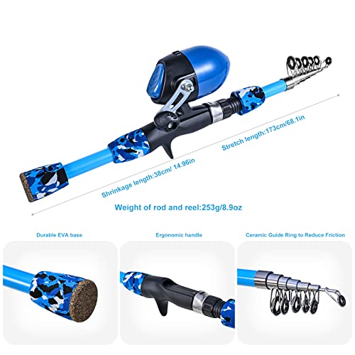 170cm 5.6ft Kids Fishing Rod Set Portable Telescopic Kids Fishing Poles with Collasible Chair Fishing Net Carrier Bag and Full Kits for Boys and GirlsBeginner and Youth (Blue)