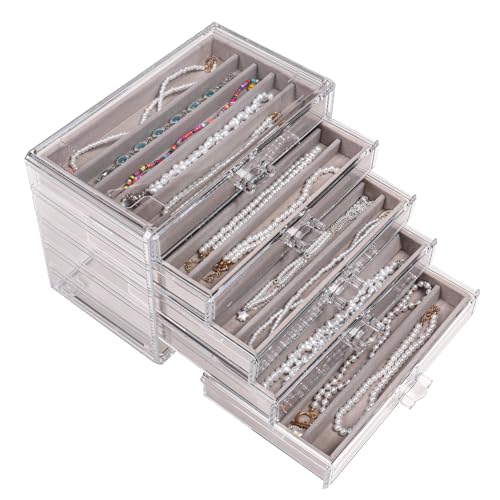 5 Drawerss Necklace Organizer Box (Grey-5 layer necklace)
