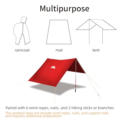 Hooded Rain Poncho for Adult with Pocket Waterproof Lightweight Unisex Raincoat for Hiking Camping Emergency (Large / Red)