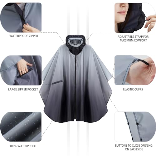 Rain Poncho Jacket Coat Hooded Zipper Style for Women (One Size / Gradient Gray)