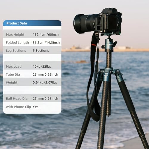 62 Inch Carbon Fiber Tripod for Camera Ultralight Travel Camera Tripod Max Loads Up 22lbs X (Blue)