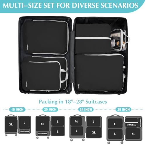 6 Piece Compression Packing Cubes with Shoe Bag (6-Black / 6 Set)