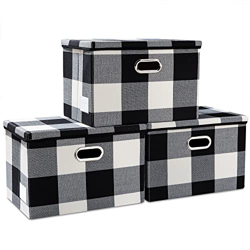Large Collapsible Storage Bins with Lids [3 (Black and White Grid / L(3-Pack))