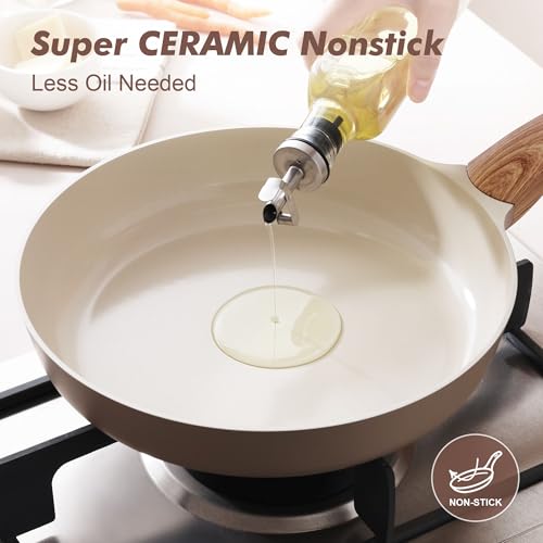 9.5inch Ceramic Nonstick Frying Pan Paella Pan with Lid (9.5 Inch / TAFFEE Taupe)