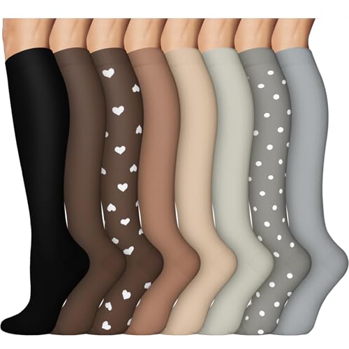 8 Pairs Compression Socks Women Men 15 (03 - Black/Brown/Grey / Small-Medium)
