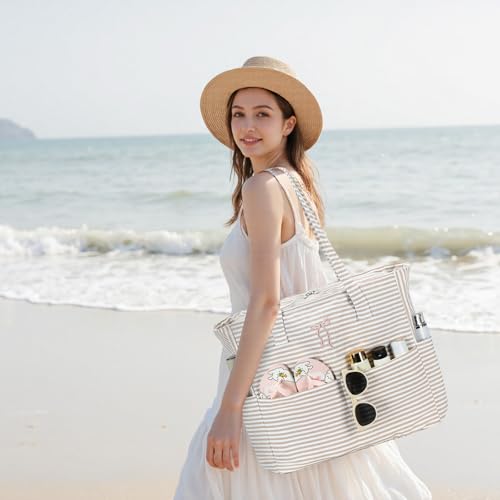 Beach Pool Bags Tote for Women Ladies Large Gym Tote Carry On Bag With Wet Compartment for Weekender Travel Waterproof (Brown Striped Bow)