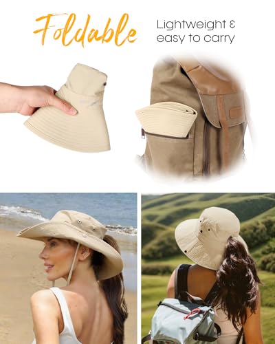 Sun Hats for Women Ponytail Wide Brim Summer Packable Cowboy Hat (One Size / Light Khaki)