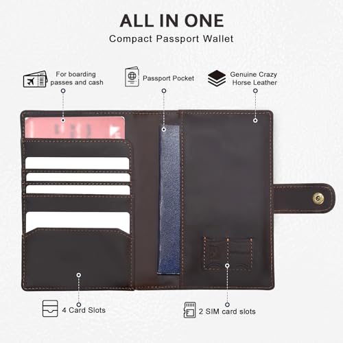 Crazy Horse Leather Slim Passport Holder with RFID &Tracker Slot (Dark Brown)