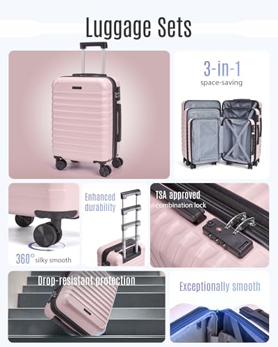 Luggage Sets 3 Pcs Suitcase with Wheels (Pink / 3-Piece Set-20 Inch/24 Inch/28 Inch)