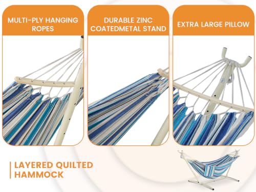 LazyDaze Hammocks Double Hammock with Stand (White Frame- Blue Stripes)