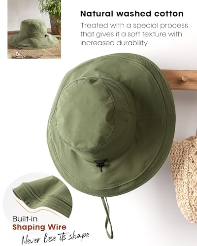 Sun Hats for Women Gardening Hat Wide Brim Ponytail Beach Sun Protection Breathable Cotton Summer Hat with Fold (Medium-Large / Green)
