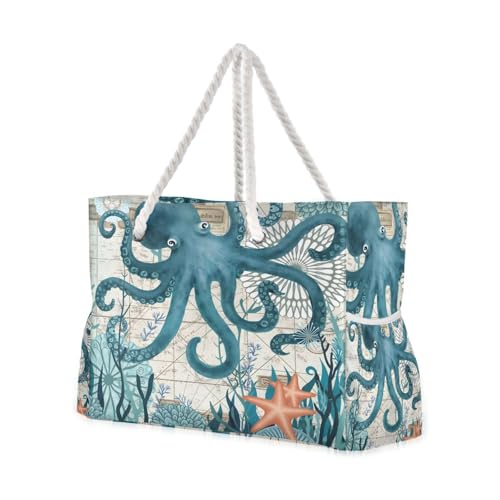 Large Beach Bags Totes Canvas Tote Shoulder Bag Soft Wave Water Resistant Bags for Gym Travel Daily Ocean (Ocean Octopus Vintage)