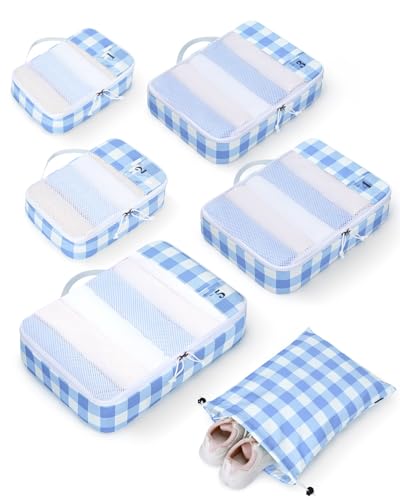 6 Set Packing Cubes for Travel Durable Suitcase Organizer Bags Set with Personalized Tag Travel Essentials with Shoe Bag Traveling Accessories for Luggage Machine Washable (Set of 6 / Light Blue)