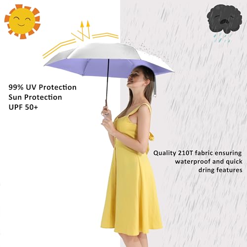 Small Compact Travel Umbrella with UV Protection for Sun & Rain (L-1-Purple with Silver)