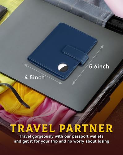 Passport Holder Wallet Cover for Travel with Airtag RFID for Women Men (Navy Blue)