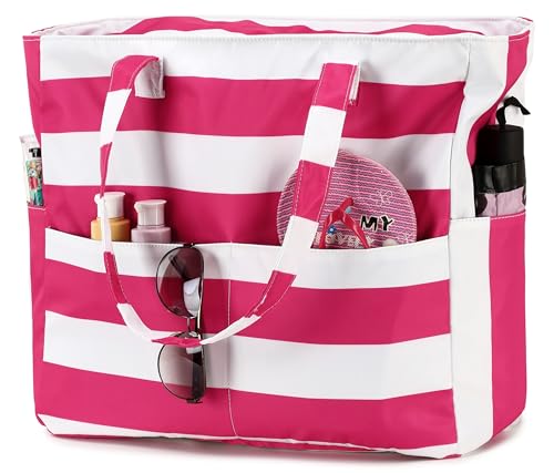 Waterproof Beach Tote Pool Bags for Women Ladies Extra Large Carry On Bag With Wet Compartment for Weekender Travel (Rose-pink Stripes)
