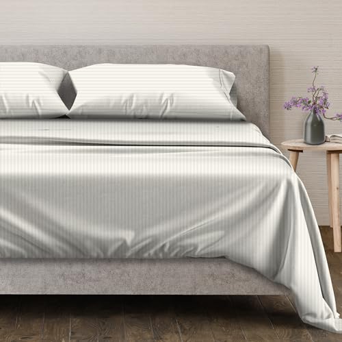 100% Egyptian Cotton Split King Sheets Sets for Adjustable Bed (Split King / 23 - Striped Ivory)