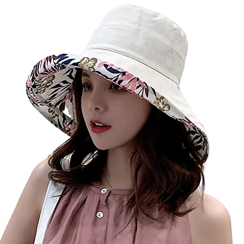 Women Floral Reversible Wide Brim Sun Hats Summer UV Protection Hiking Fishing Hat Wired Edge Beach Garden Lawn Work Cap Chin Strap (Medium / Qf002-mise)