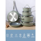 Kitchen Essentials Cool Commune Hard Anodized 10 Piece PFA Free Ceramic Non stick Interior Forged Durable Aluminum Pots and Pans Cookware Set (10-Piece Cookware Set (Hard Anodized Aluminum) / Green (Hard Anodized Aluminum))