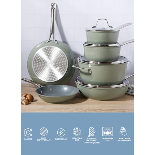 Kitchen Essentials Cool Commune Hard Anodized 10 Piece PFA Free Ceramic Non stick Interior Forged Durable Aluminum Pots and Pans Cookware Set (10-Piece Cookware Set (Hard Anodized Aluminum) / Green (Hard Anodized Aluminum))