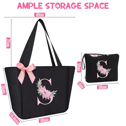 Tote Bag, A-Z Initial Monogrammed Waterproof Tote Bag, Bridesmaid Gifts for Women, Black and Pink (S, Black Set) (Black Set)