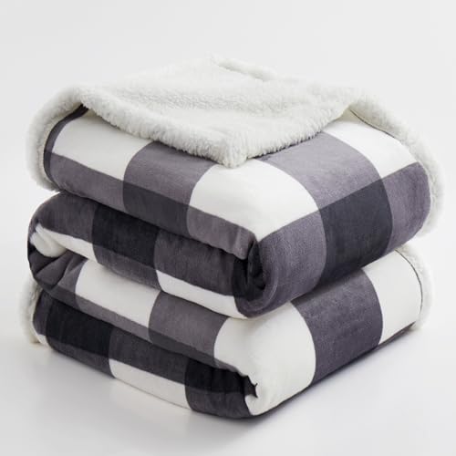 Sherpa Blanket Fleece Throw Blanket Full Queen Plaid Thick Bed Blanket (Dark Grey Checkered / 80"*90")