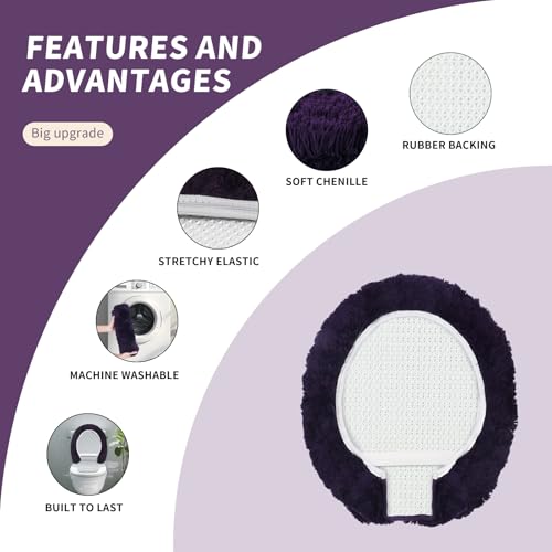 Microfiber Elongated Toilet Seat Cover 19.5"x 15" Machine Washable (Dark Purple / Elongated)