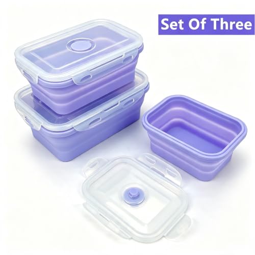 Purple Collapsible Meal Prep Containers Camping Bowls Silicone Bento Box with Airtight Plastic Lid (Purple / 350ml, 500ml, 800ml set)