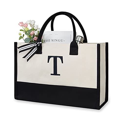 Embroidery Initial Canvas Tote Bag (Black & White / T)