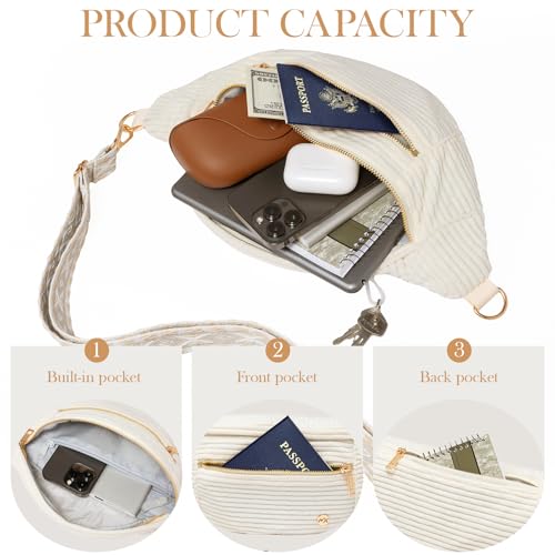 Beige Corduroy Crossbody Bag Women Vintage Boho Fanny Pack with Gold Zipper (Corduroy Beige / Large)