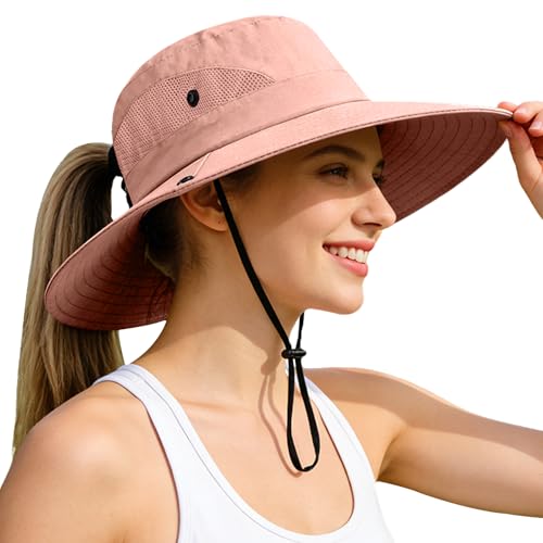 Ponytail Sun Bucket Hats for Women UV Protection Foldable Wide Brim (1 Pack-pure Pink)