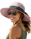 Womens Sun Hat with Ponytail Hole Beach Hiking Summer Wide Brim UPF 50+ Outdoor Protection Foldable Bucket Hat Pink (Pink-grey)