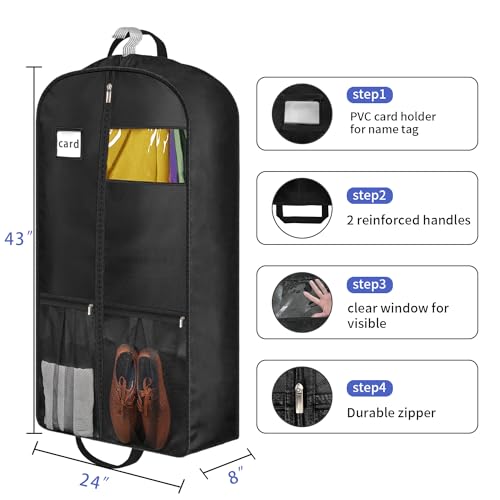 8" Gusseted Heavy Duty Garment Bags for Travel 43"" Suit Bags for Closet Storage Hanging Clothes Bag with Pockets Mens Suit Holder for Shirts (43"L x 24"W x 8"G (3-Pack))