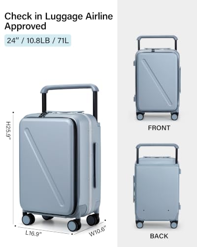 Wide Handle Luggage with Front Pocket Hardshell Aluminium Check In Suitcase with Wheels Medium 24 Inch Front Opening Checked Luggage with Spinner Wheels TSA Lock Airline Approved Luggage (Checked Medium 24 Inch / Grey)