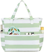 Waterproof Beach Tote Pool Bags for Women Ladies Extra Large Gym Tote Carry On Bag With Wet Compartment for Weekender Travel (Sage Green Stripe)