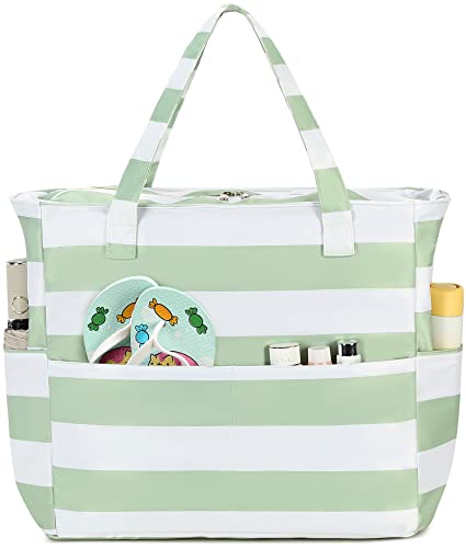 Waterproof Beach Tote Pool Bags for Women Ladies Extra Large Gym Tote Carry On Bag With Wet Compartment for Weekender Travel (Sage Green Stripe)