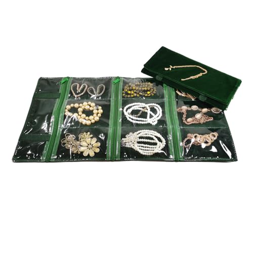 Travel Jewelry Roll Bag Portable Organizer Pouch With Grids&PVC Cover Storage Bags for Necklace (Blackish Green Velvet 9 Grids)