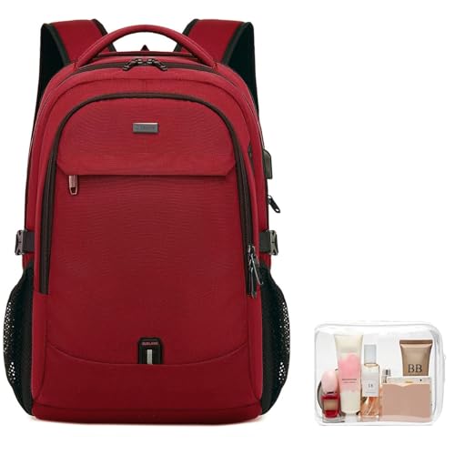 17 Inch Laptop Backpack for Travel Water Resistant College Backpack for Women Laptop Bag with USB Charging Port and Clear Toiletry Bag (30191 Red With Clear Toiletry Bag / 17 Inch)